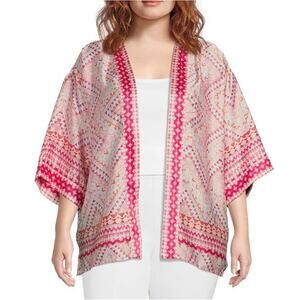 Slim Factor Satiny Mosaic Tile Open Front Short Sleeve Kimono Shirt Plus Sz 2X